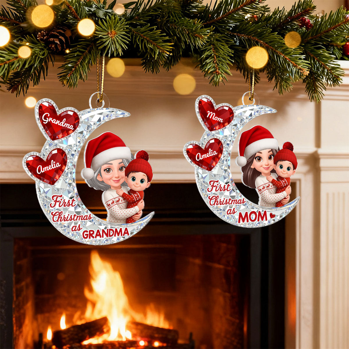 3D Effect Flat Moon First Christmas With New Baby - Personalized Acrylic Ornament - Christmas Gift For New Grandma, New Mom
