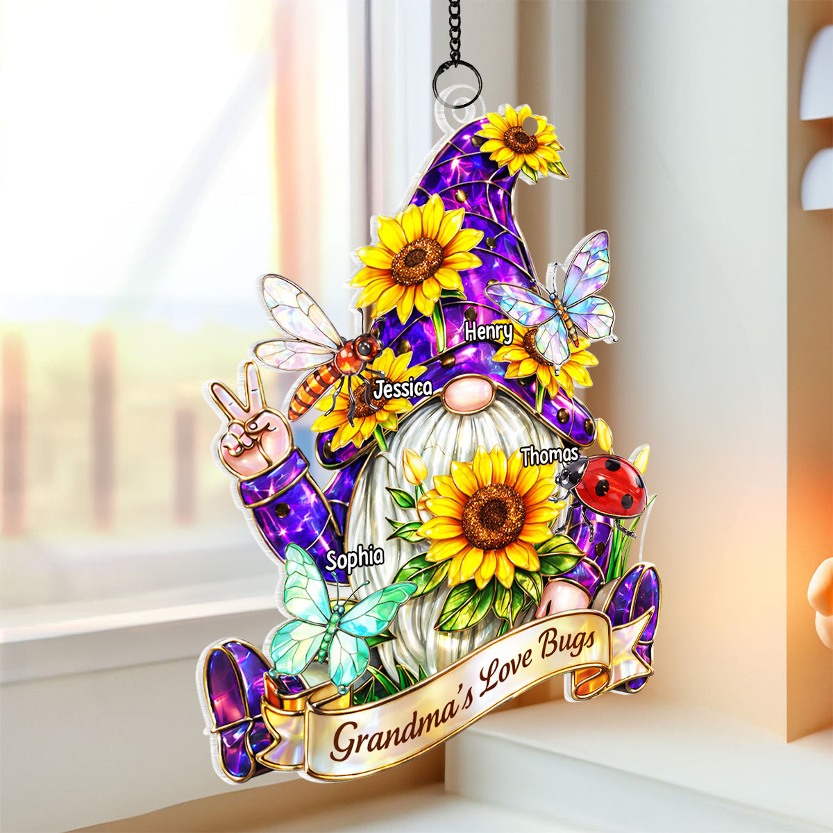Grandma Love's Bugs Gnome - Personalized Suncatcher Ornament - Heartfelt Mother's Day Gift for Grandma