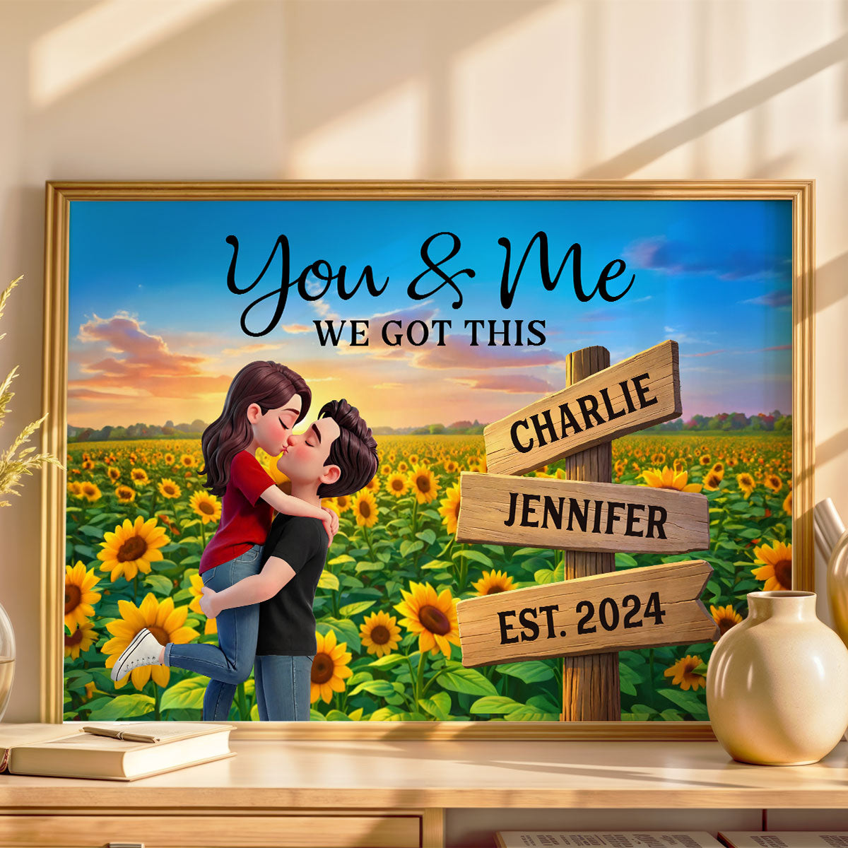 Eternal Love Couple Hugging Kissing Sunflower Field Sign Posts - Personalized Poster - Heartfelt Valentine, Anniversary Gift For Him, For Her