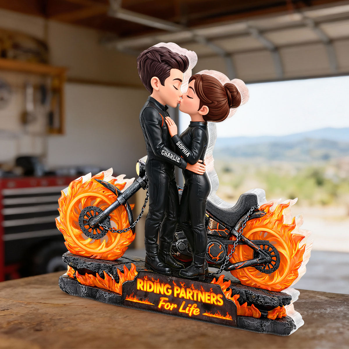 Biker Couple Fire - Personalized Acrylic Block Plaque - Sentimental Gift for Her, for Him