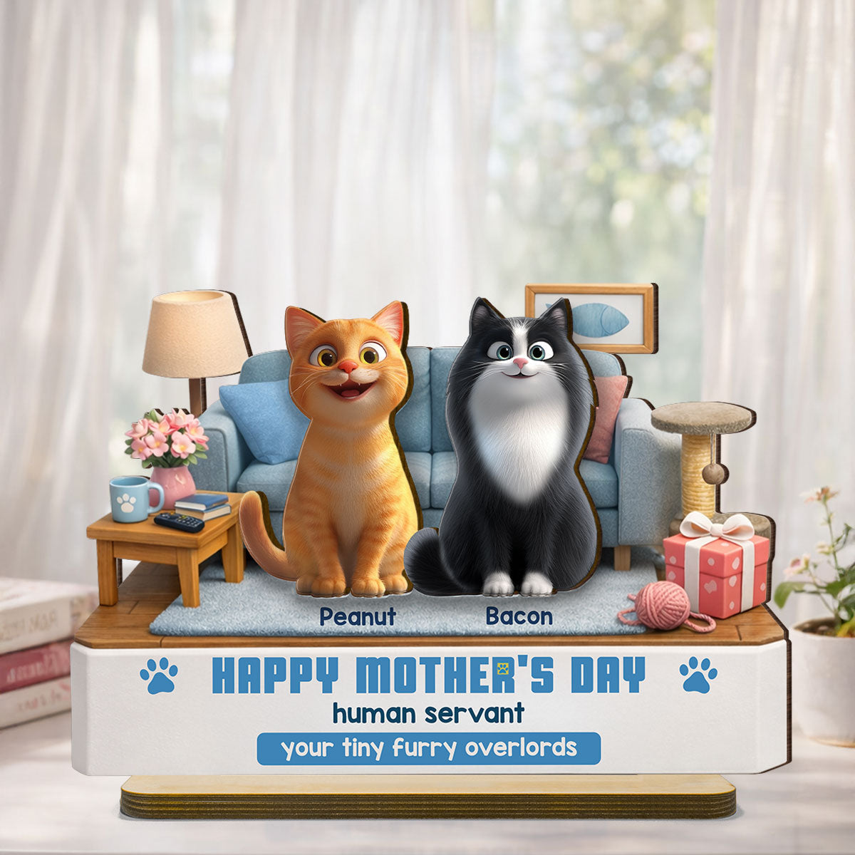 Happy Mother's Day Human Servant - Personalized 2-Layered Wooden Plaque - Funny Gift for Cat Moms