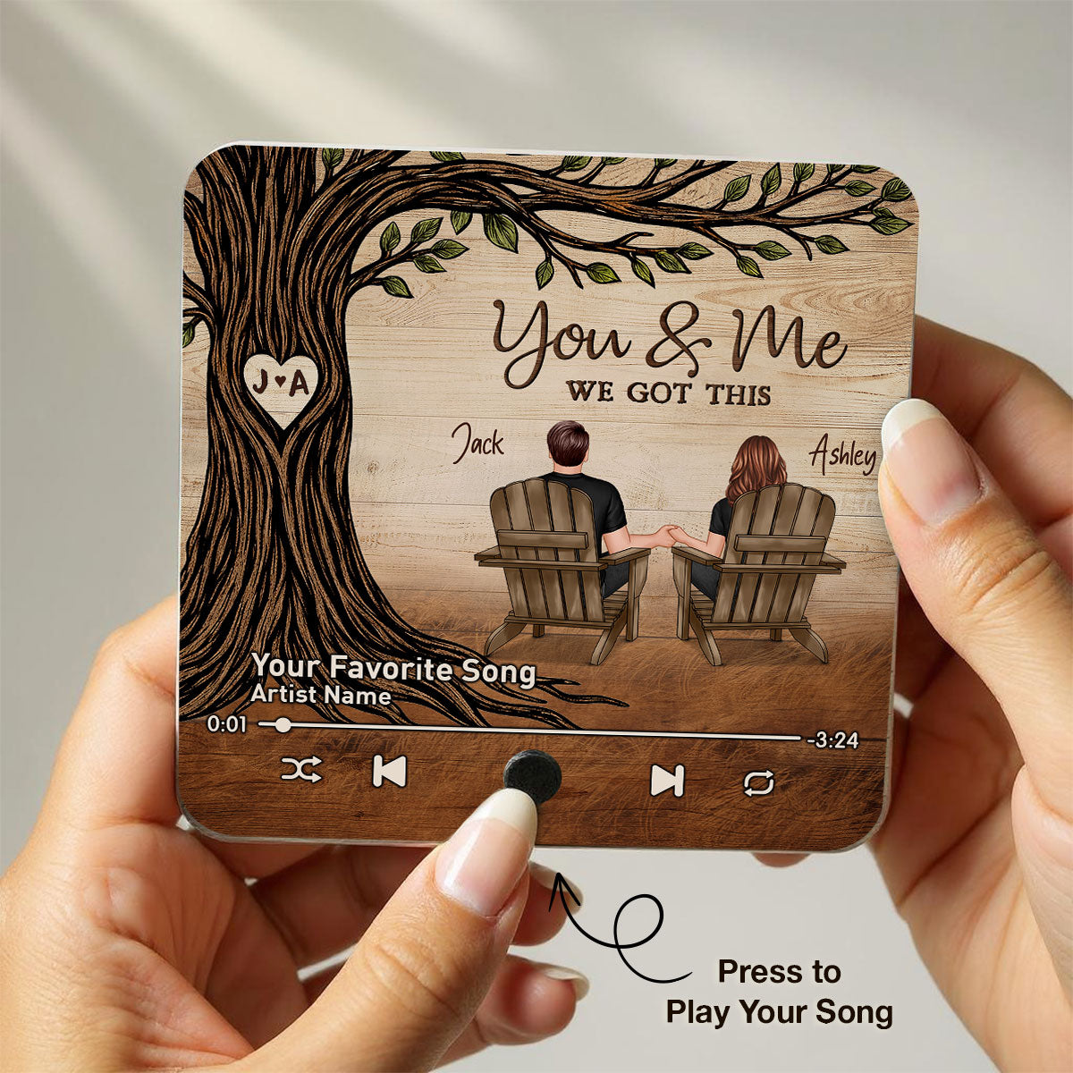 Couple Sitting Under Heart Carved Tree - Personalized Music Fridge Magnet - Valentine's Day Gift For Couple