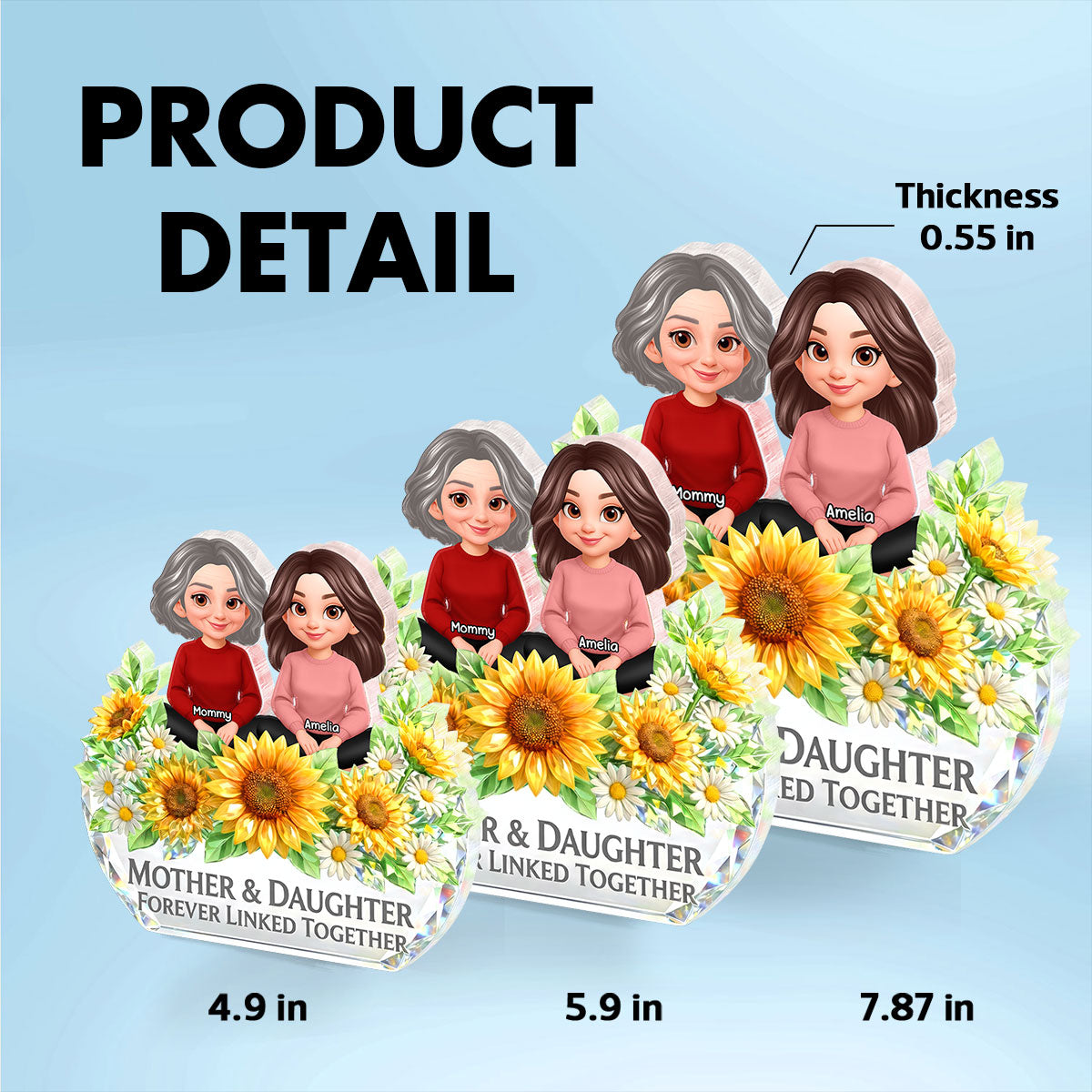 Mother Daughter Forever Linked Together Sunflower Pattern - Personalized Acrylic Block Plaque - Heartfelt Gift for Mom, Wife