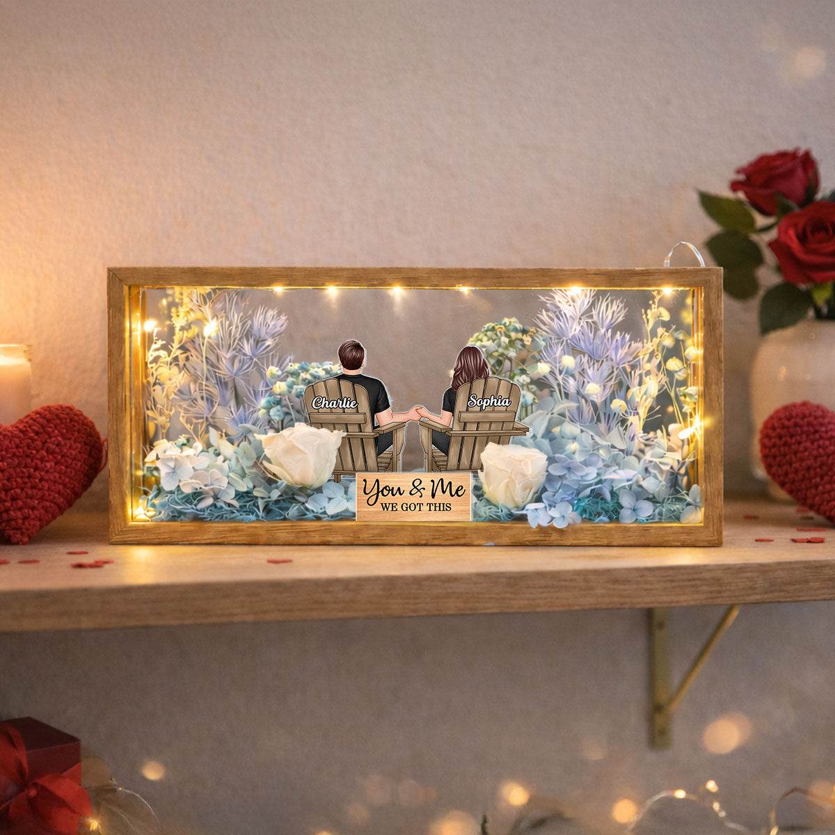 Eternal Love Back View Couple Sitting - Personalized DIY Flower Shadow Box LED Night Light - Gift For Couple, For Him, For Her