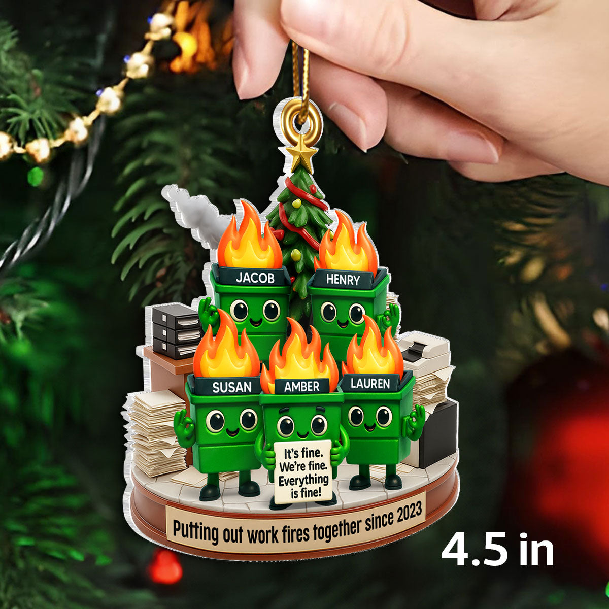 Funny Dumpster Fire Office Chaos Background - Personalized Acrylic Ornament - Funny Christmas Gift, White Elephant Gift for Coworkers