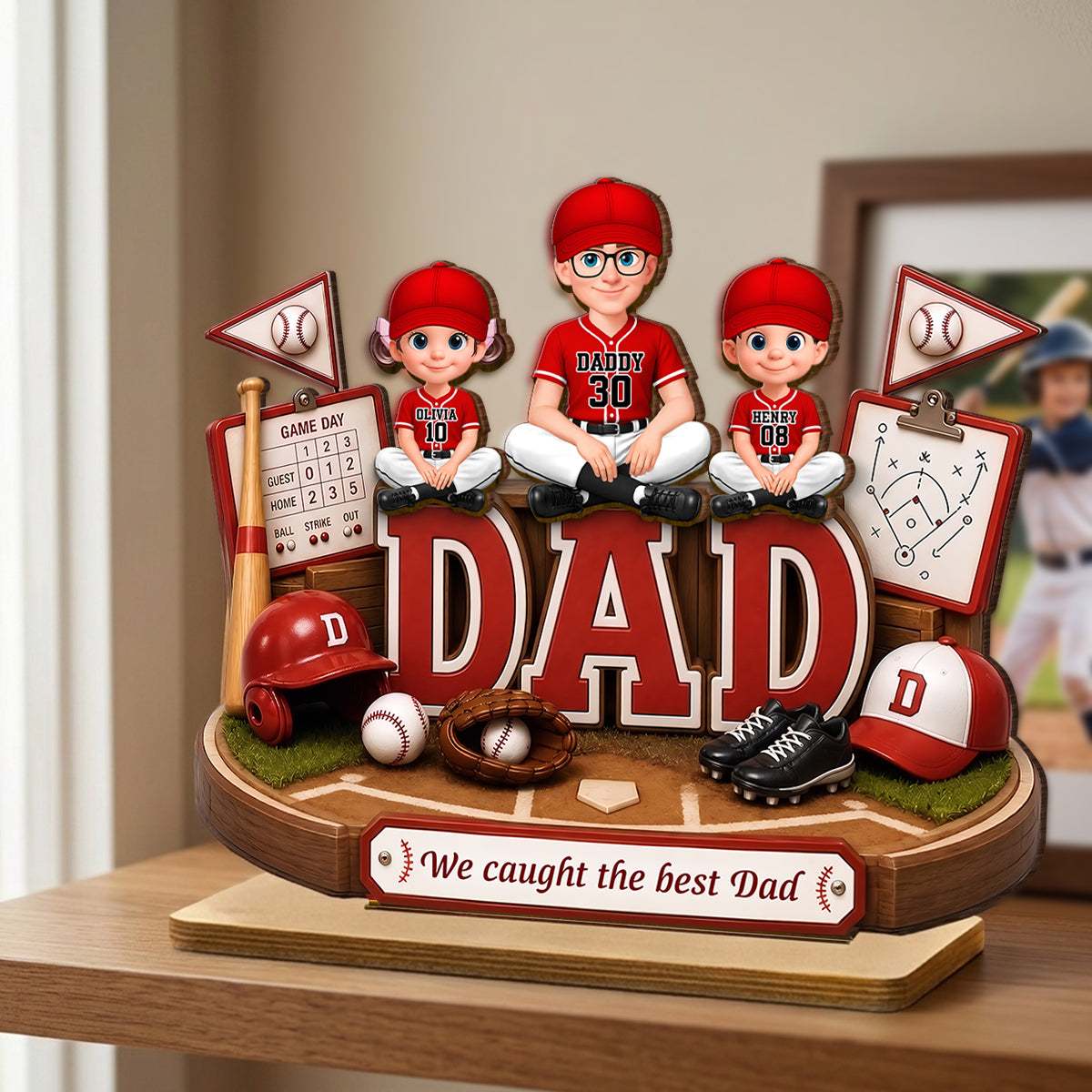 Baseball Dad Kids We Caught The Best Dad - Personalized 2-Layered Wooden Plaque -  Gift For Dad, Husband