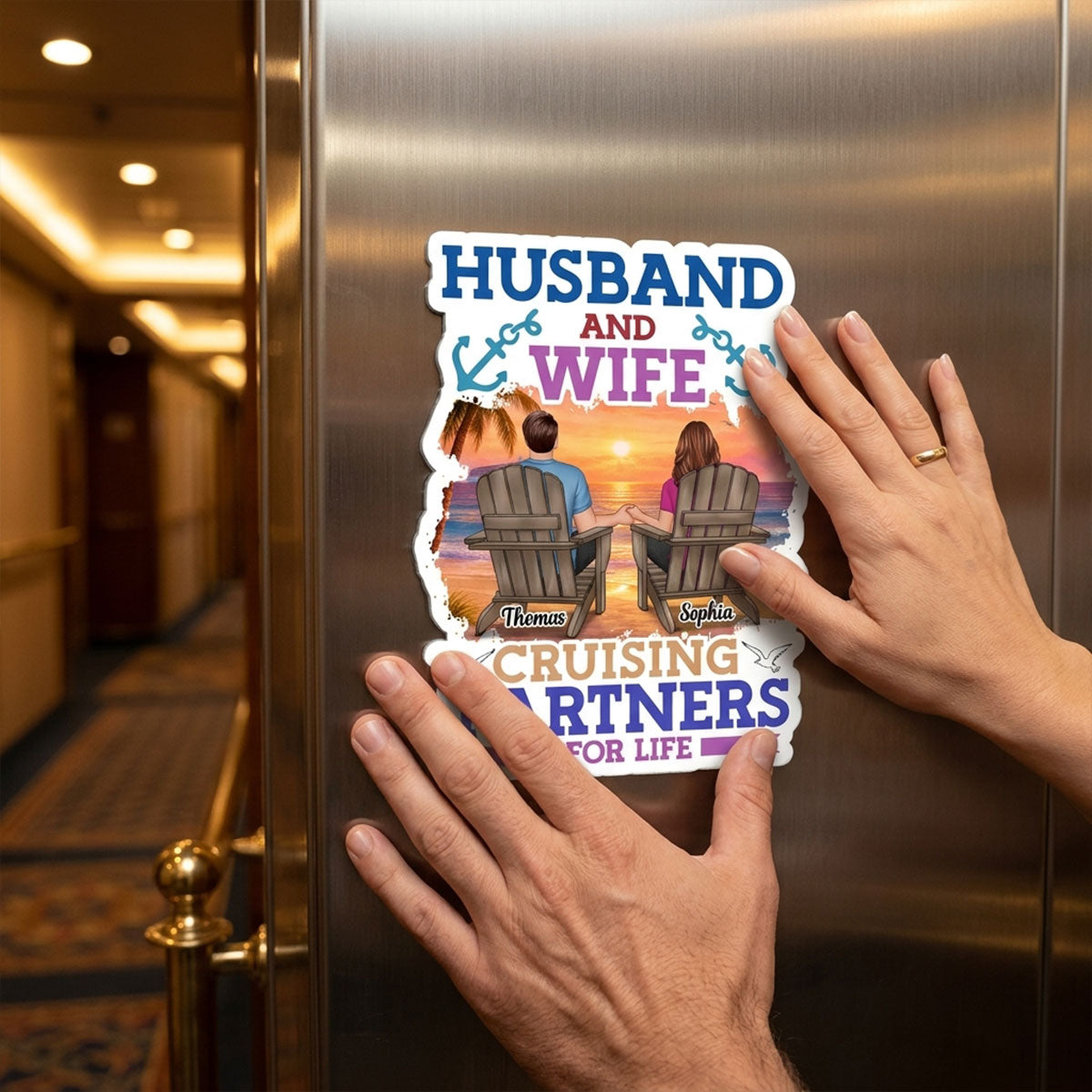 Husband & Wife Cruising Partners For Life Porthole Couple Back View - Personalized Cruise Ship Door Magnet