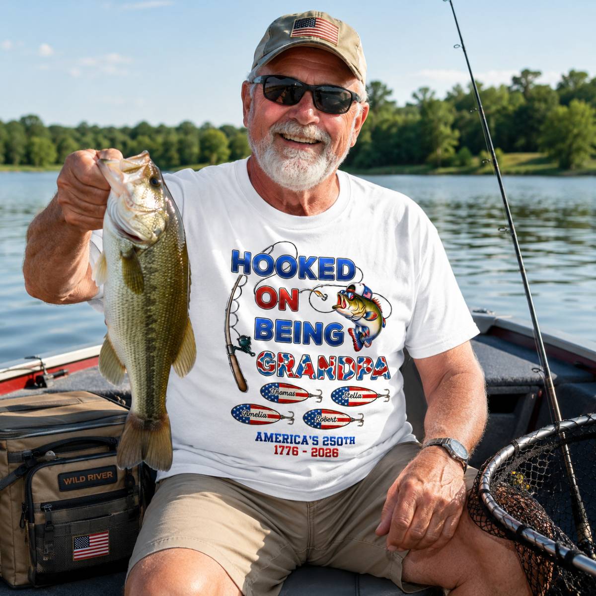Fishing Grandpa Hooked On Freedom America 250th Anniversary - Personalized Shirt - Gift For Grandpa, 250 Years Of Freedom