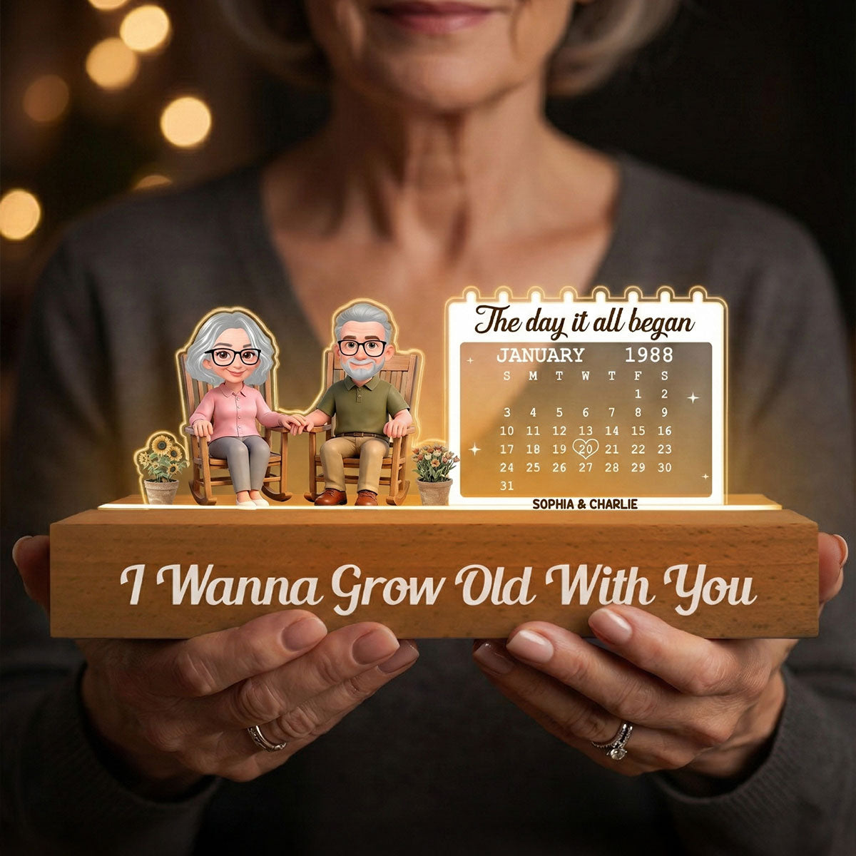 Old Couple Sitting On Rocking Chair Anniversary Date Calendar - Personalized Acrylic Block LED Night Light