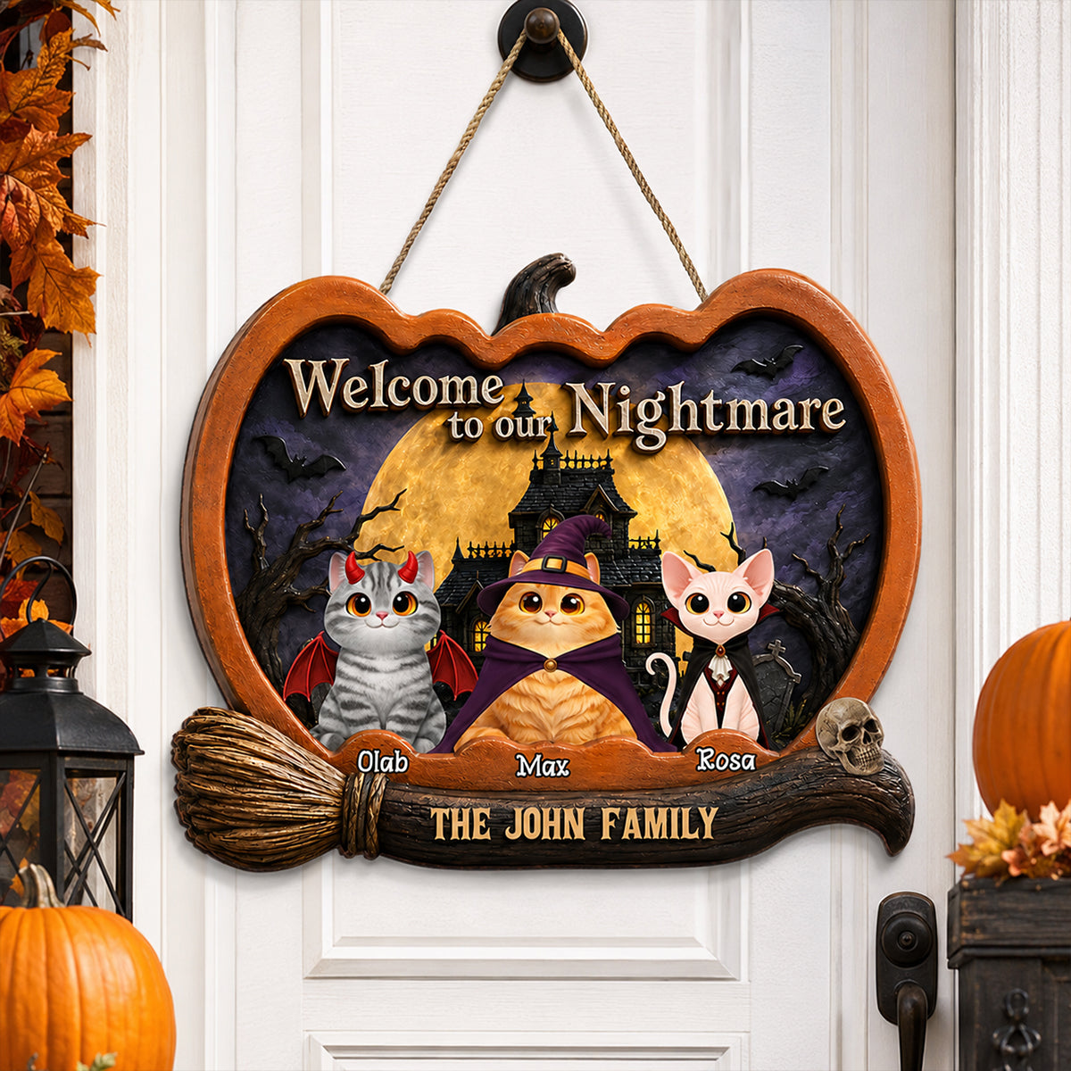 Welcome To Our Nightmare Cat Halloween - Personalized Door Sign - Halloween Decor Gift, Gift For Cat Lovers