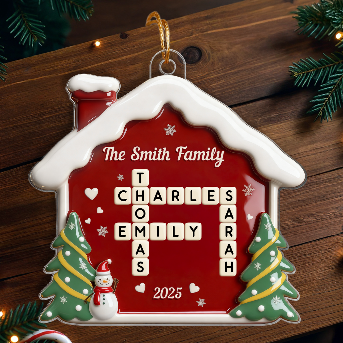 3D Effect Festive Christmas House Family Forever Linked Together Crossword Puzzle Art - Personalized Acrylic Ornament - Gift For Family
