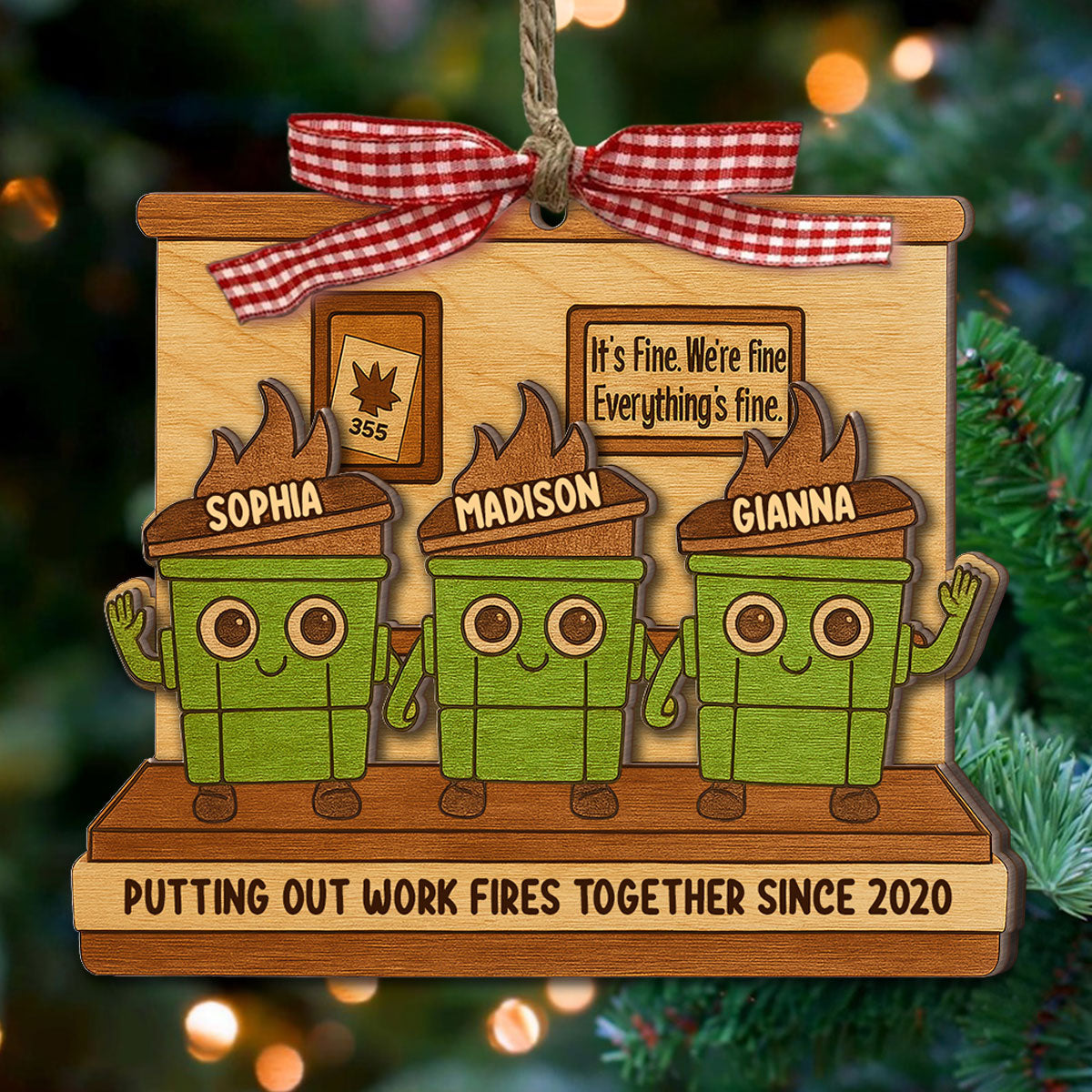 Dumpster Fires In Office Scene - Personalized Wooden Ornament - Funny Gift For Colleagues, Work Besties