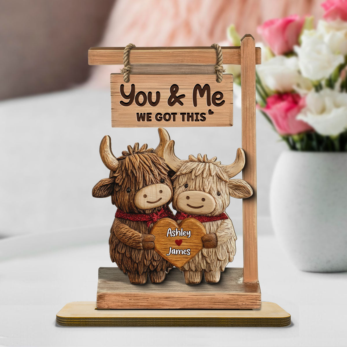 3D Effect Highland Cows Couple - Personalized 2-Layered Wooden Plaque - Perfect Valentine's Day Gift For Him, Gift For Her