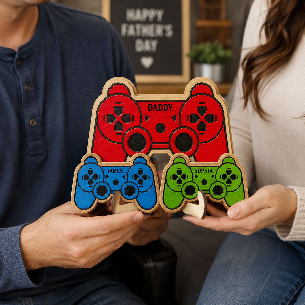 Best Dad Ever Game Controller With Kids Names 2D Flat - Personalized Wooden Plaque