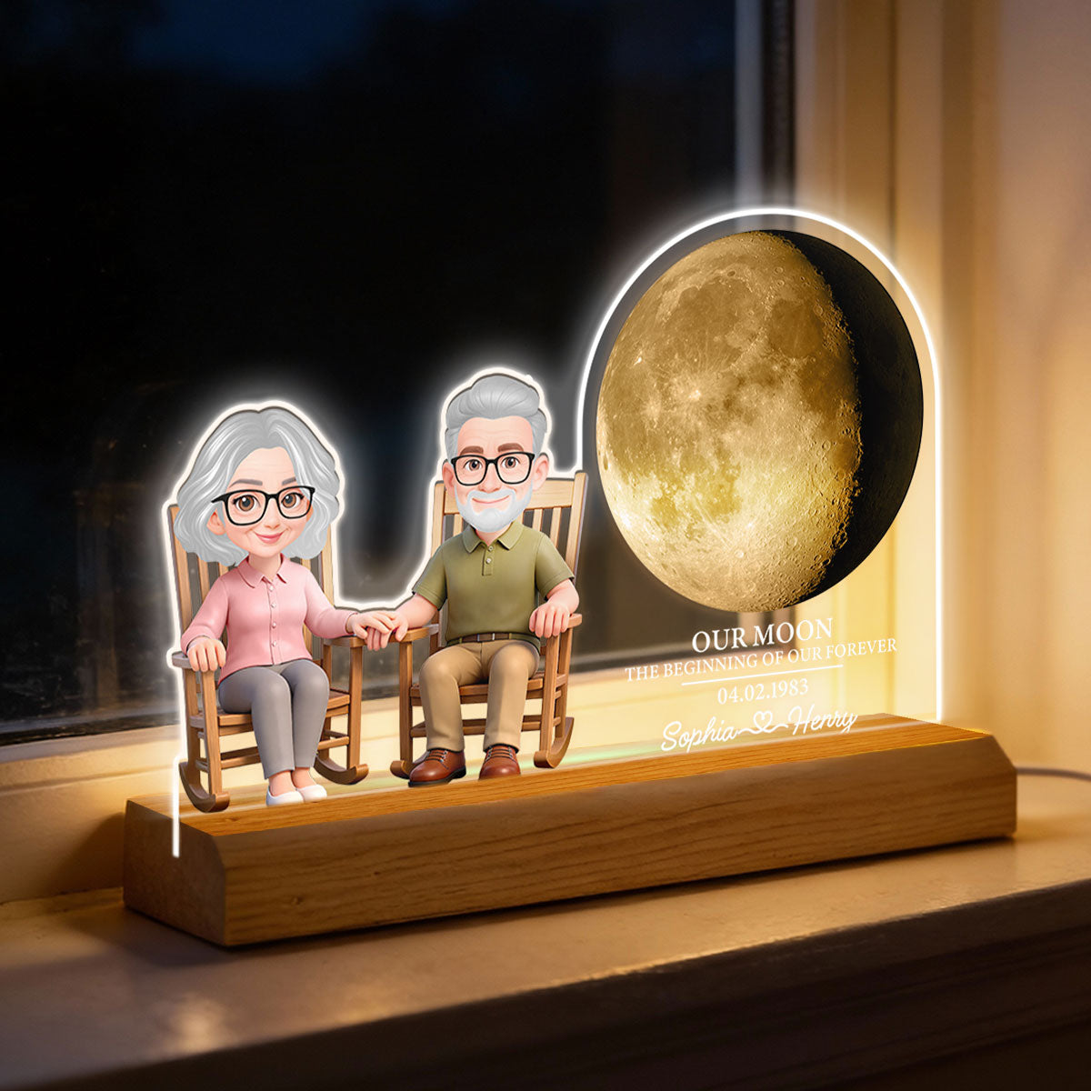 Old Couple Sitting On Rocking Chair Custom Moon Phase - Personalized Acrylic Plaque LED Night Light