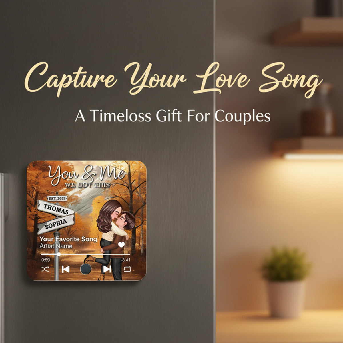 Couple Kissing Crossroads Street Sign Nostalgia Fall Theme - Personalized Music Fridge Magnet - Anniversary, Valentine's Day Gift For Couple