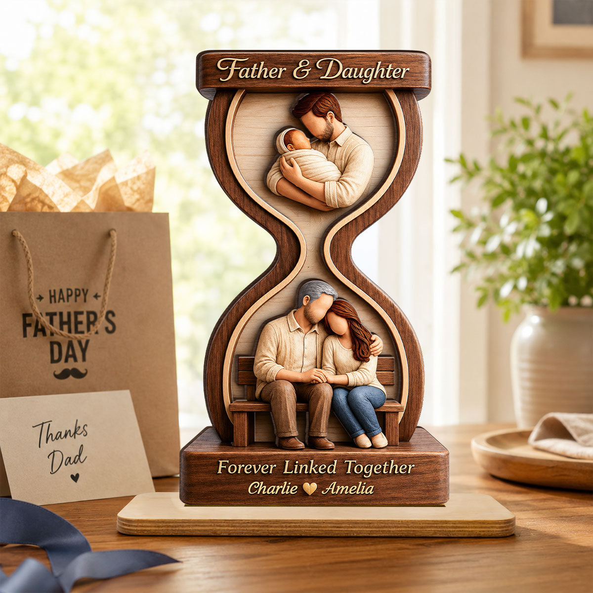 Father & Daughter Forever Linked Together - Personalized 2-Layered Wooden Plaque - Heartfelt Gift For Dad, Husband