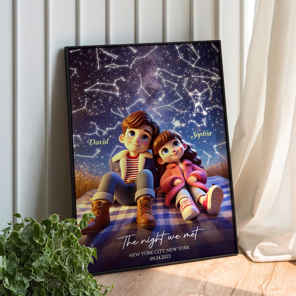 Cartoon Couple Sitting Under the Starry Night Personalized Poster, Custom Star Map by Date & Location, Anniversary, Birthday Gift for him, Gift for her