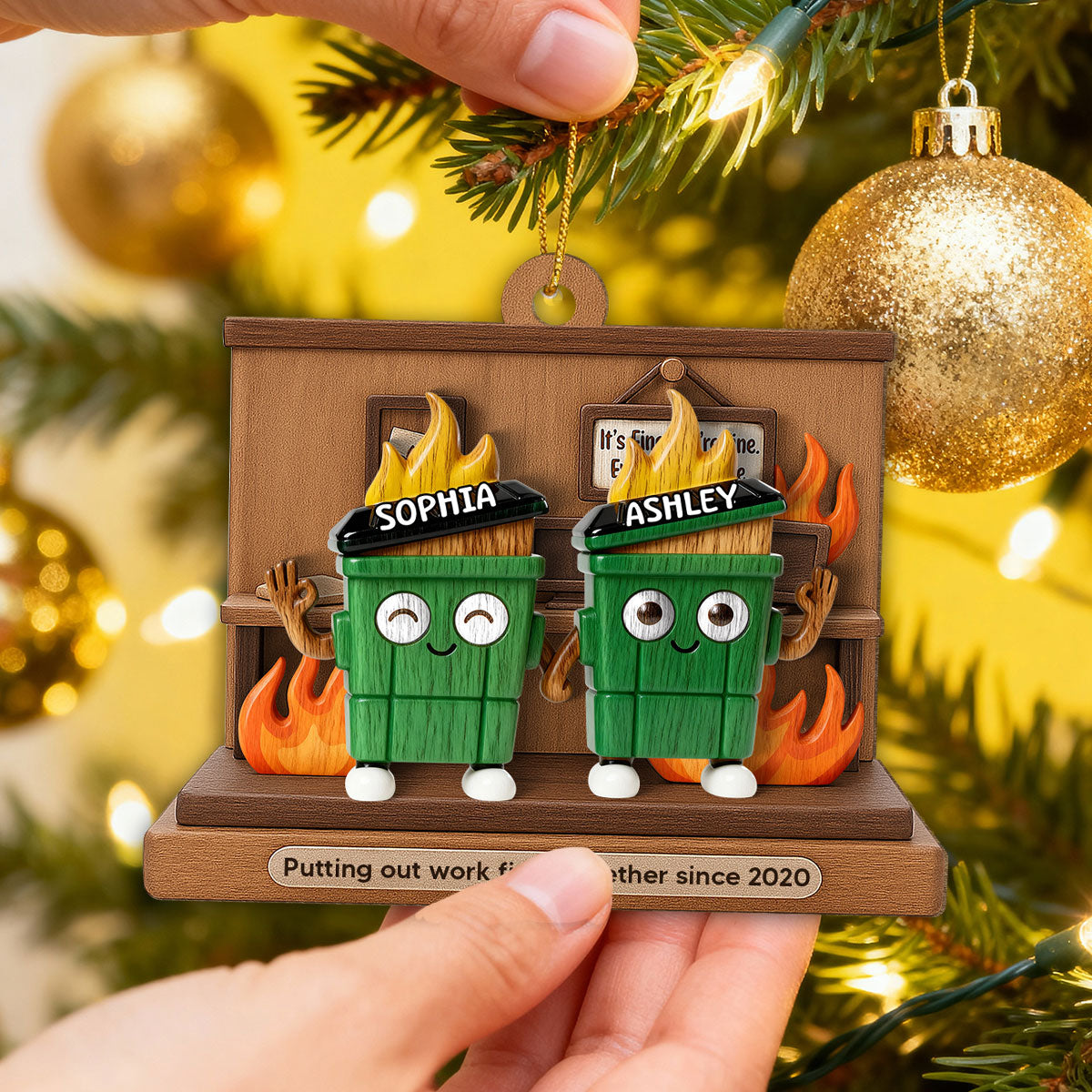 3D Effect Dumpster Fires In Office Scene - Personalized Wooden Ornament - Funny Gift For Colleagues, Work Besties
