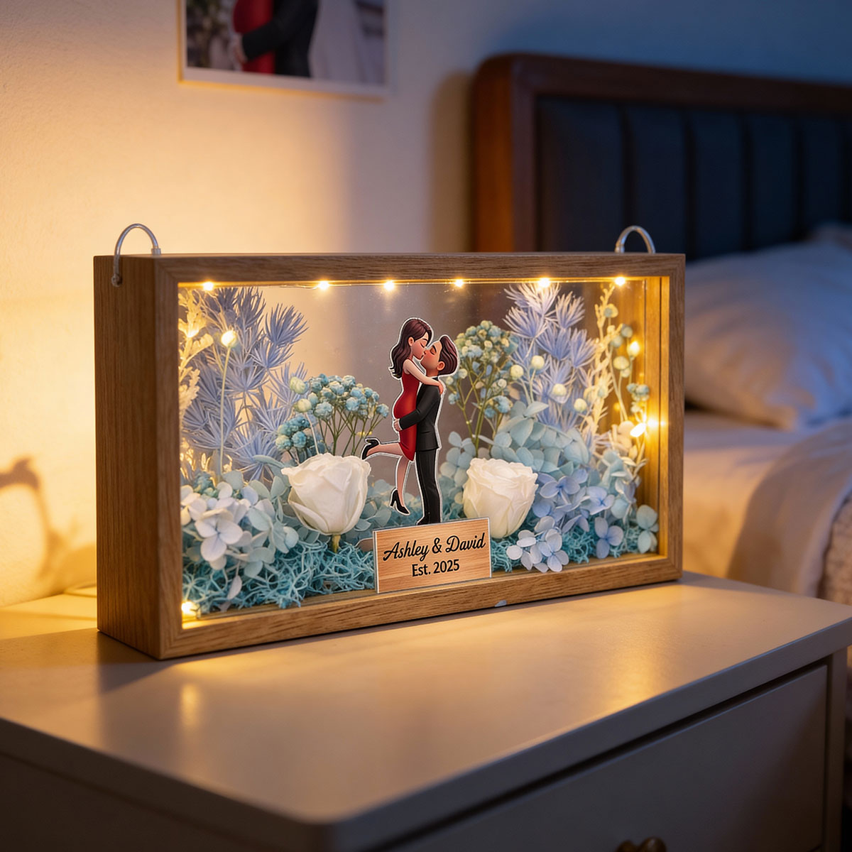 Romantic Couple Hugging Kissing - Personalized DIY Flower Shadow Box LED Night Light - Gift For Couple, For Him, For Her