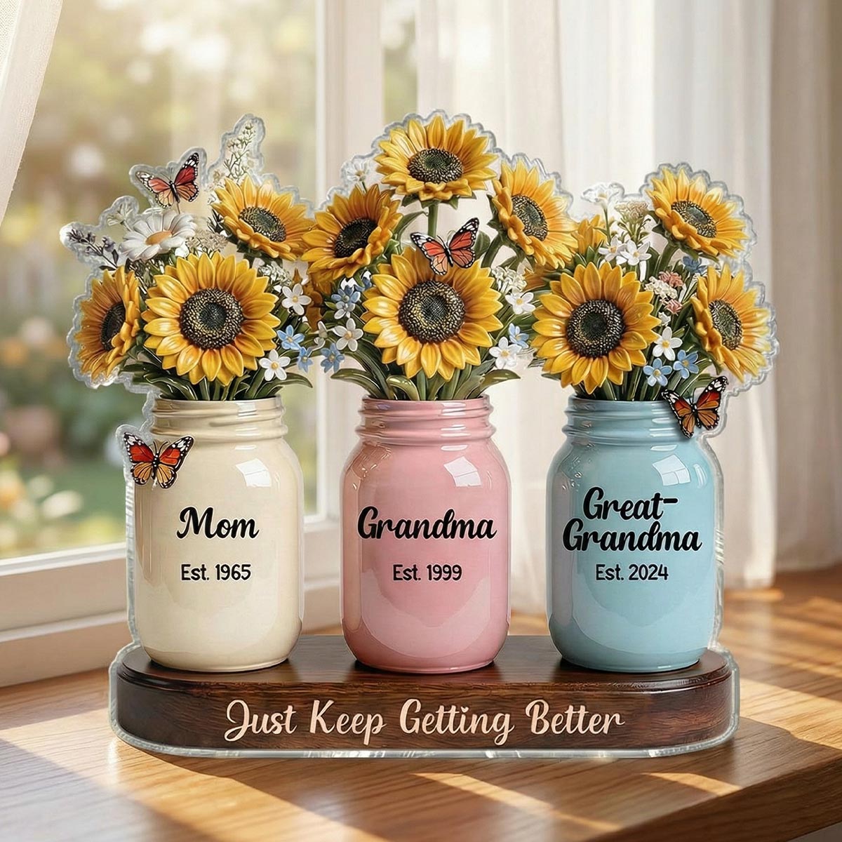 Mom Grandma Great Grandma Sunflowers Jars Est. Years 2D Flat - Personalized Acrylic Block Plaque
