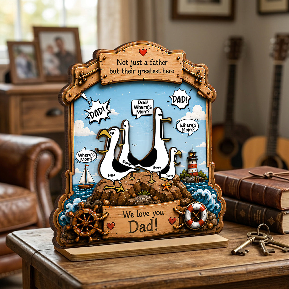 Funny Seagull Daddy Where's Mom - Personalized 2-Layered Wooden Plaque - Funny Gift For Dad, Husband