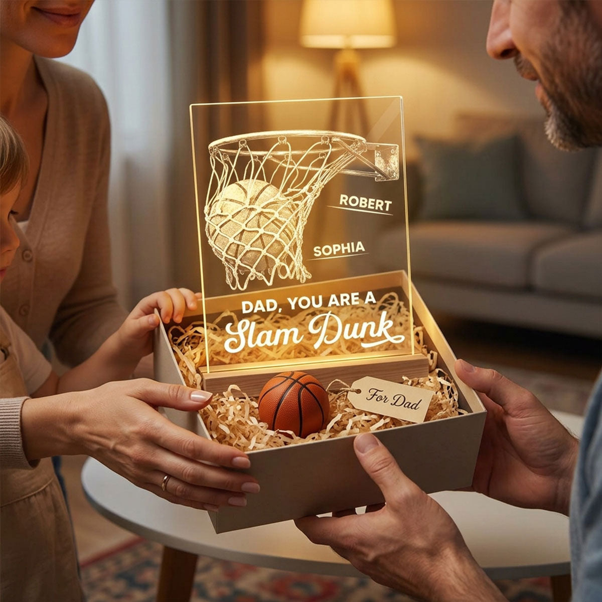 We Dunked Right Into Our Heart - Personalized Acrylic Plaque LED Night Light - Father's Day Gift For Basketball Dad