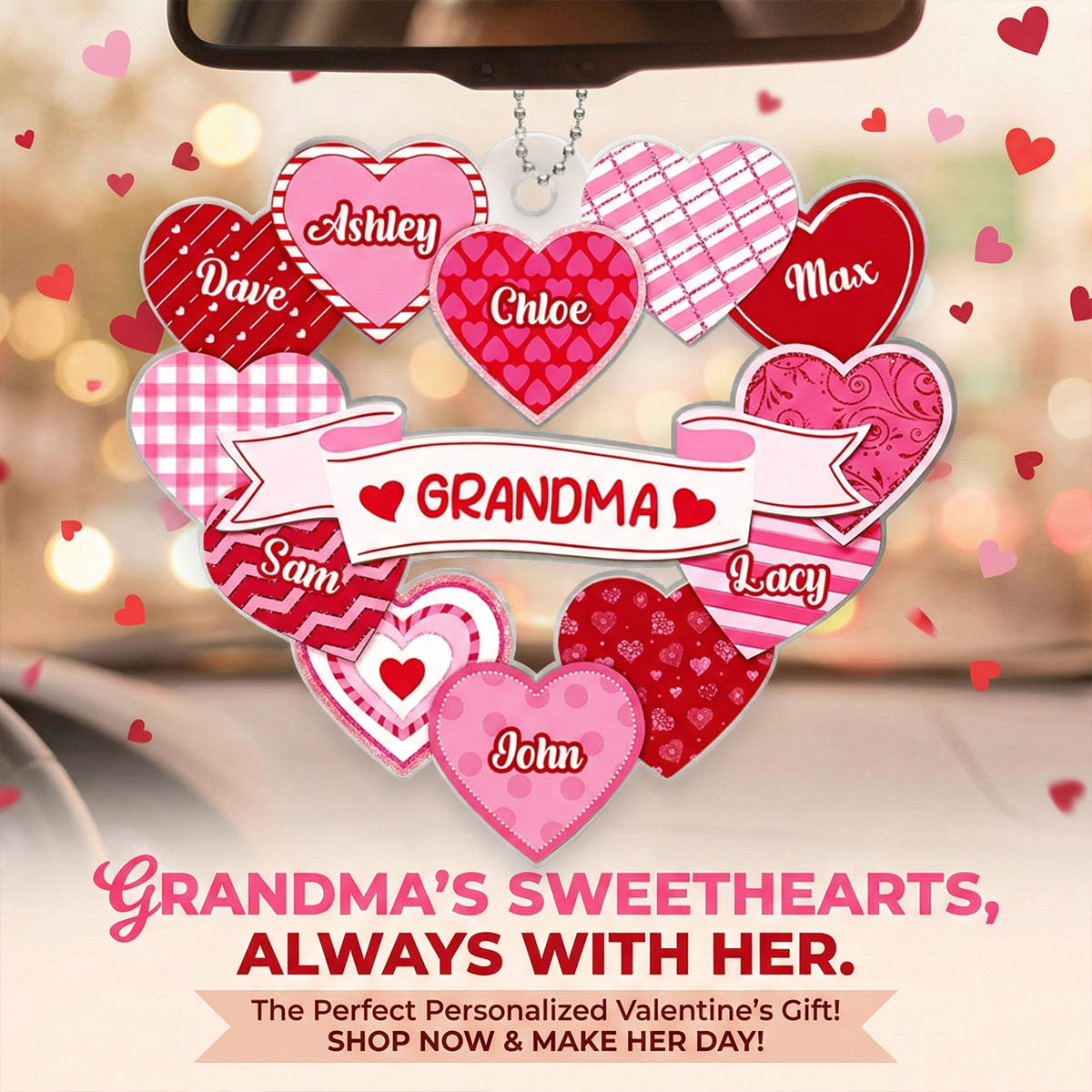 Grandma's Sweethearts Coquette Valentine's Day - Personalized Car Hanger Ornament - Gift For Grandma