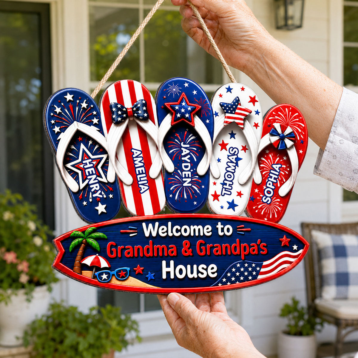 Welcome To Grandma Grandpa House Summer America 250th Anniversary - Personalized Wood Sign - Gift For Grandparents, 4th of July Decoration