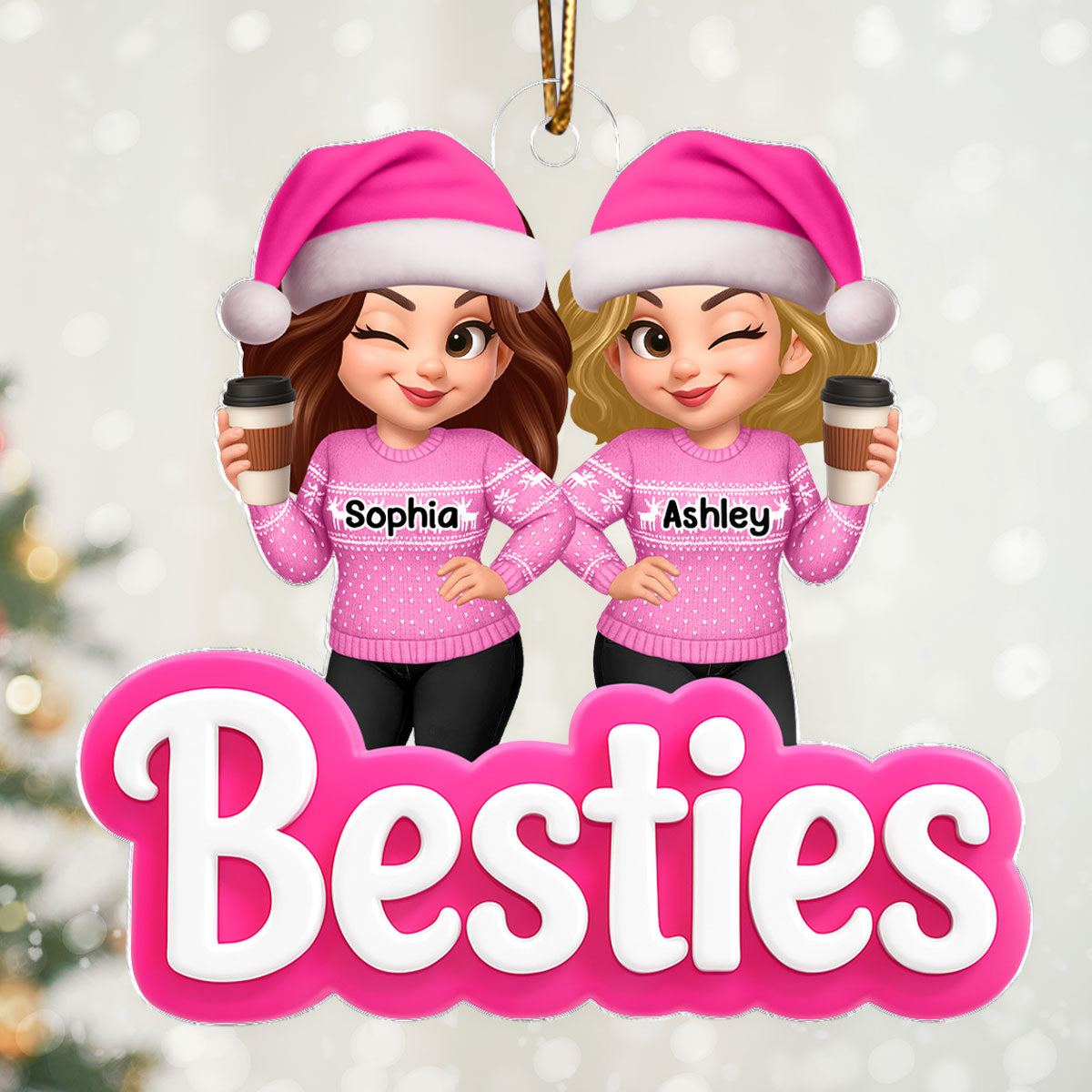 Pink Besties Sisters 3D Effect - Personalized Acrylic Ornament - Christmas Gift for Best Friends, for Sisters