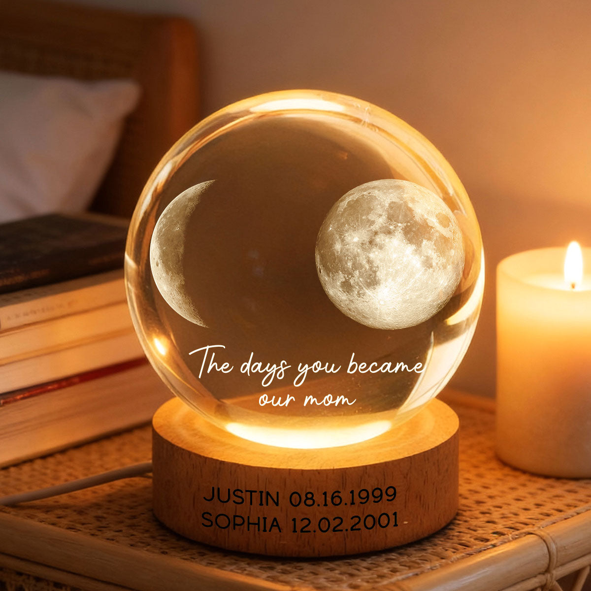The Day You Became My Mom Engraved Wooden Base - Personalized Crystal Ball LED Night Light - Sentimental Gift for Mom