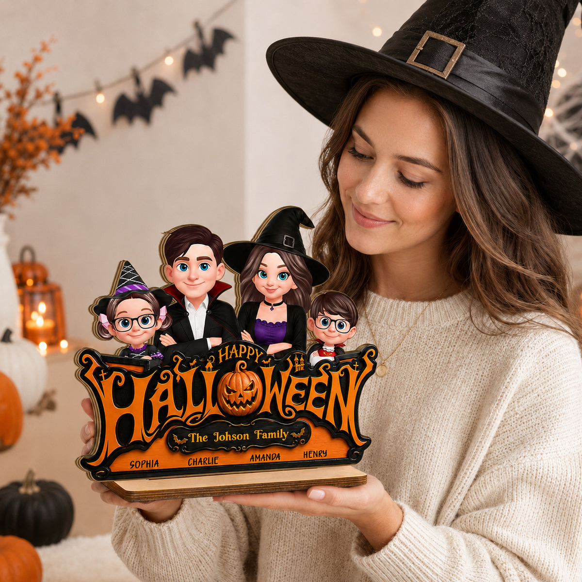 Happy Halloween Jack O Lantern Family - Personalized 2-Layered Wooden Plaque - Trendy Fall Halloween Decor