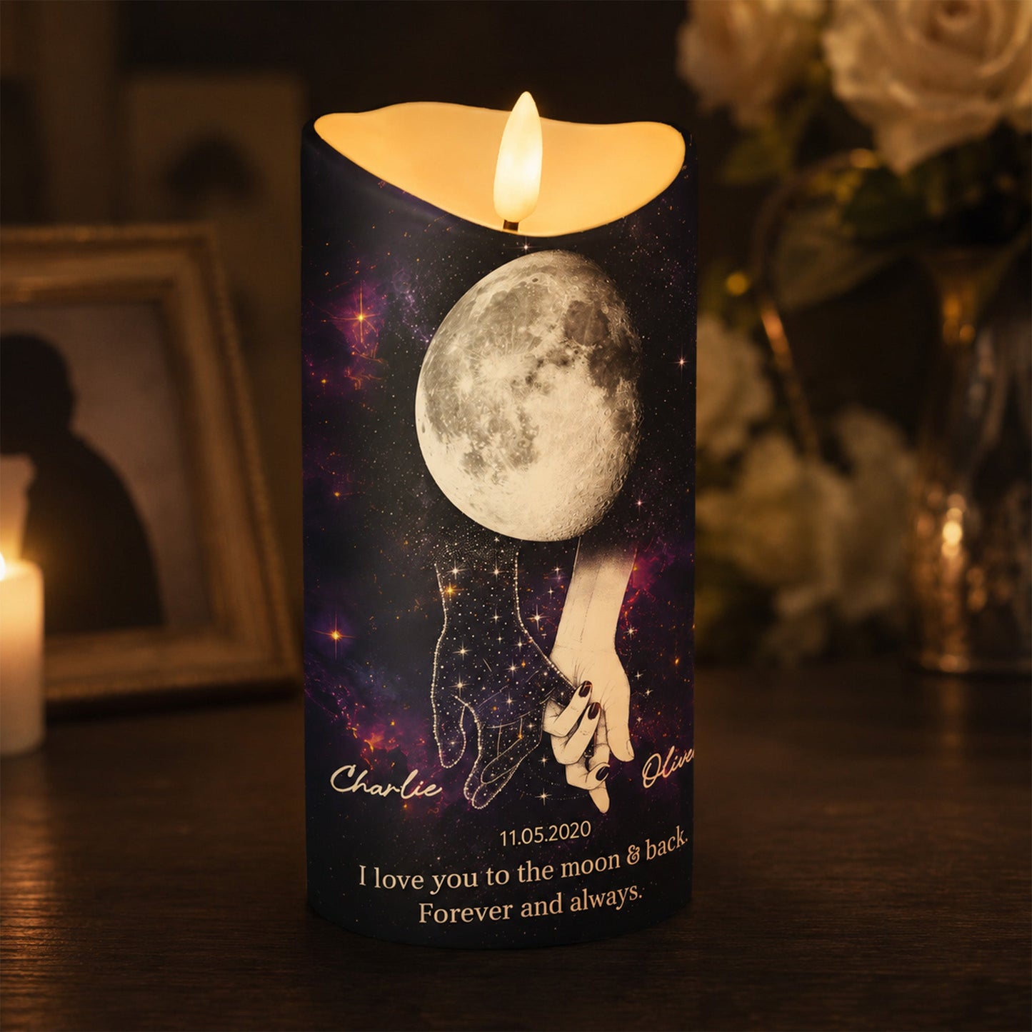 Lost Loved One Holding Hands Moon Phase - Personalized LED Candle - Memorial Gift, Remembrance Keepsake