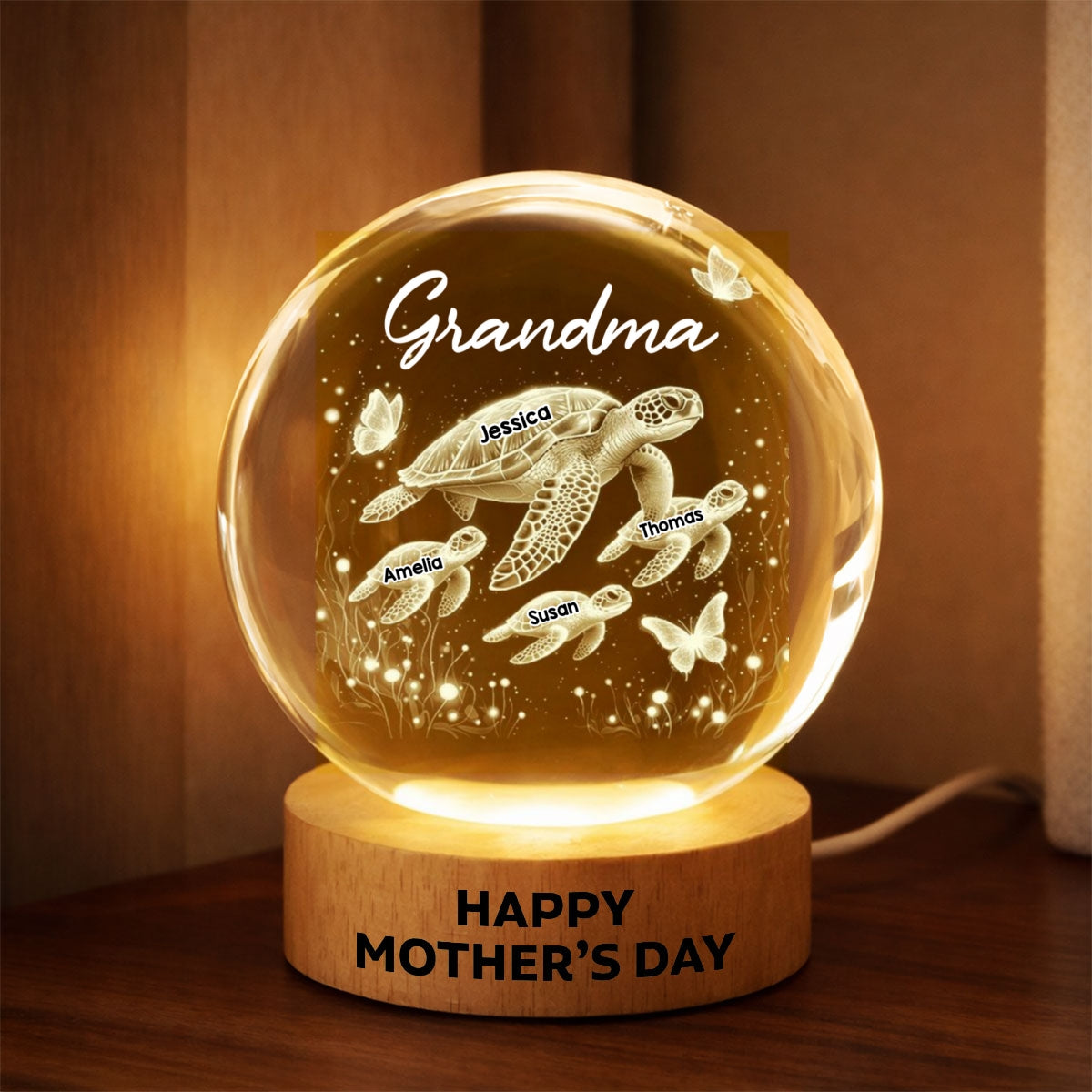 Grandma Mom Sea Turtle - Personalized Crystal Ball LED Night Light - Mother's Day Gift for Grandma