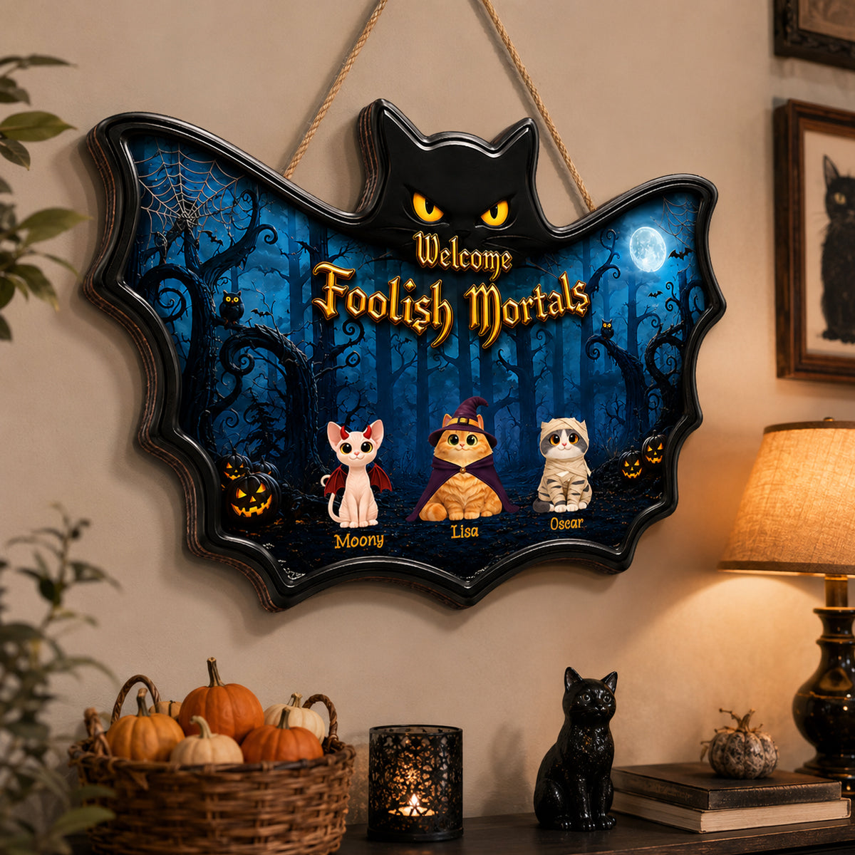 Welcome Foolish Mortals Cats Halloween - Personalized Door Sign - Halloween Decor Gift, Gift For Cat Lovers