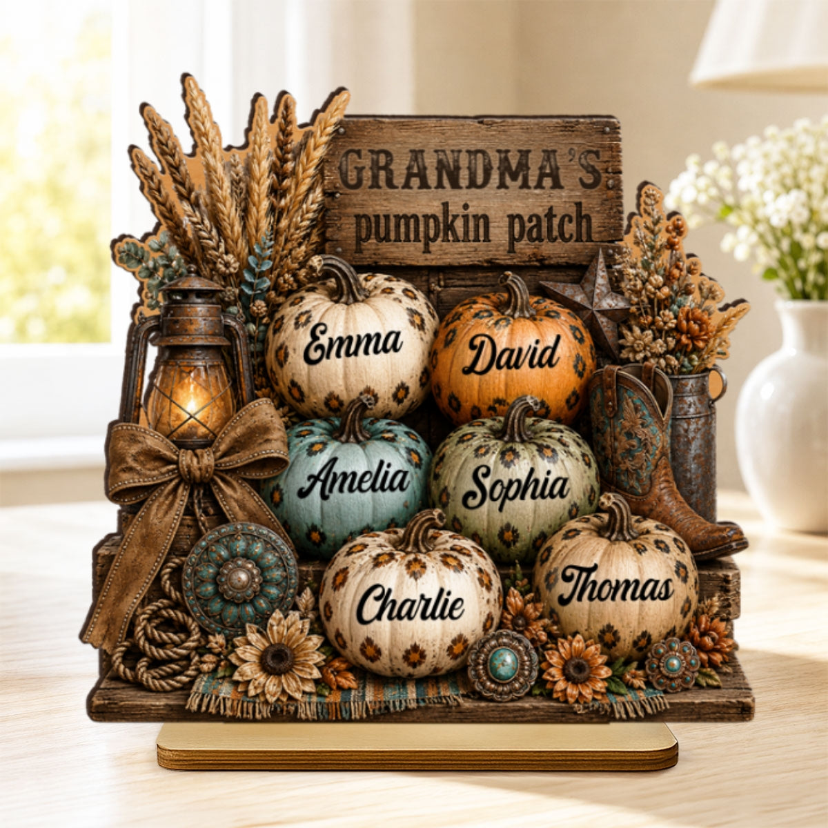 Western Leopard Grandma's Pumpkin Patch - Personalized 2-Layered Wooden Plaque - Fall Halloween Decor for Grandma