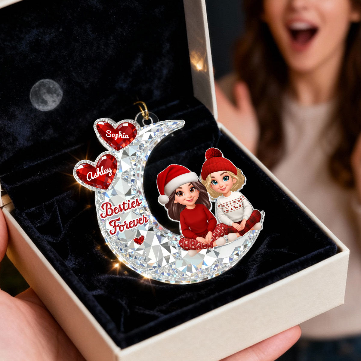 3D Shining Effect Besties Sitting On Moon - Personalized Acrylic Ornament - Gift For Best Friends, Matching Ornaments For Group Of Besties