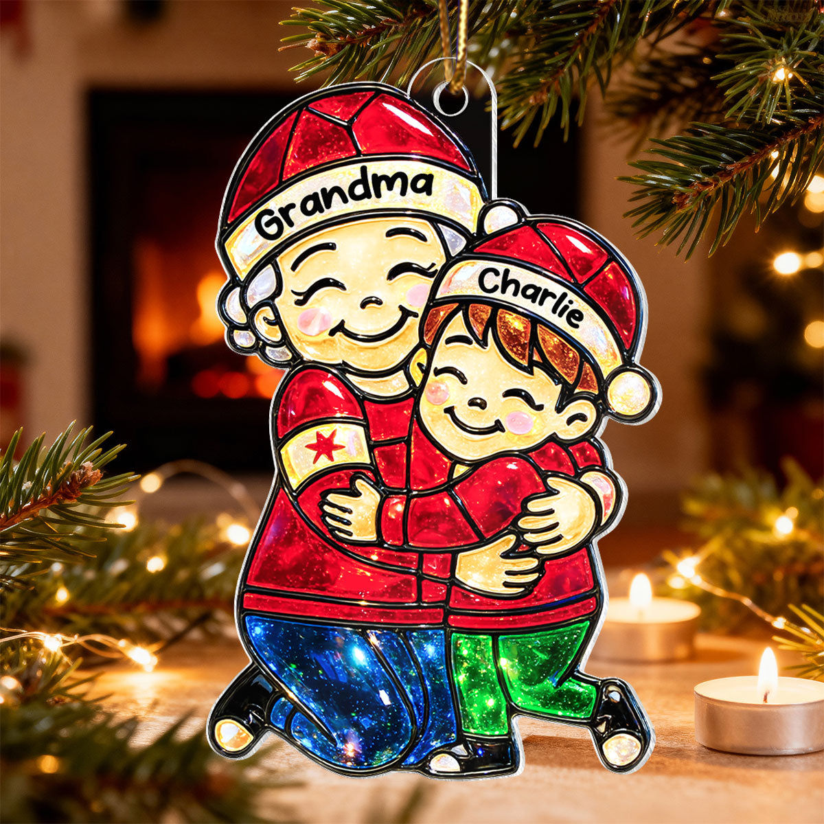 Grandma Hugging Grandkids Stained Glass Pattern - Personalized Acrylic Ornament - Heartwarming Christmas Gift For Grandma, Granddaughter, Grandson