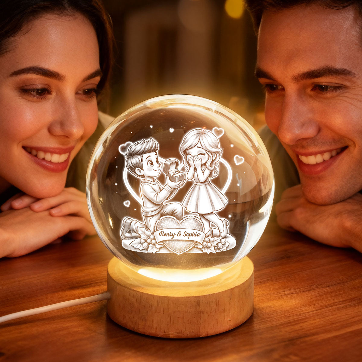 Marriage Proposal Valentine - Personalized Crystal Ball LED Night Light - Anniversary, Valentine's Day Gift, Gift For Him, Gift For Her