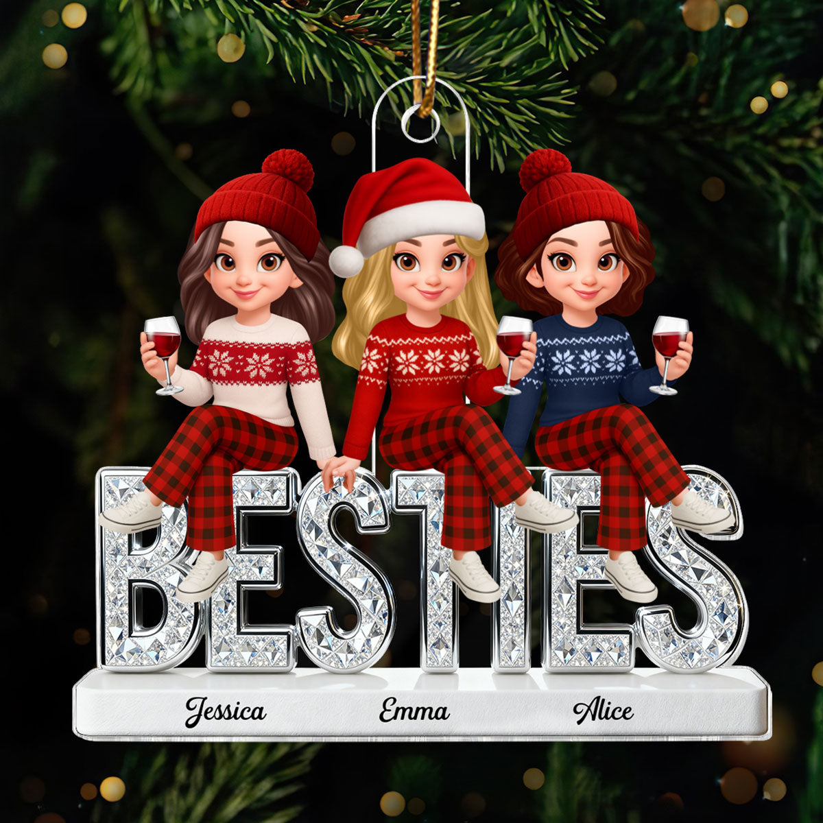 3D Shinning Effect Besties Christmas - Personalized Acrylic Ornament - Heartwarming Christmas Gift For Best Friends, Matching Group Ornaments
