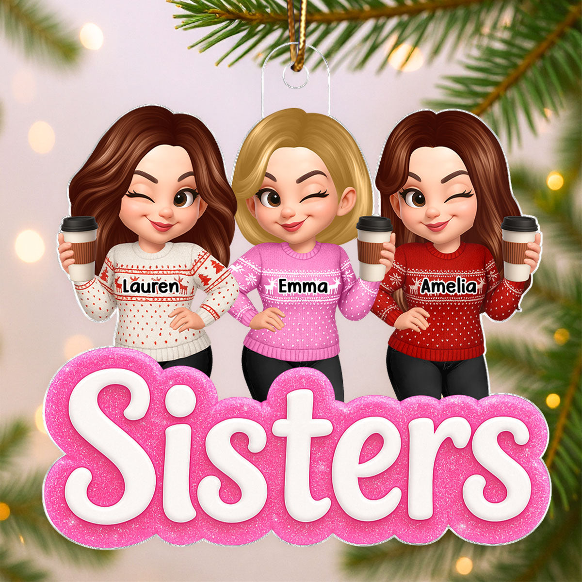 Pink Besties Sisters 3D Glitter Effect - Personalized Acrylic Ornament - Christmas Gift for Best Friends, for Sisters