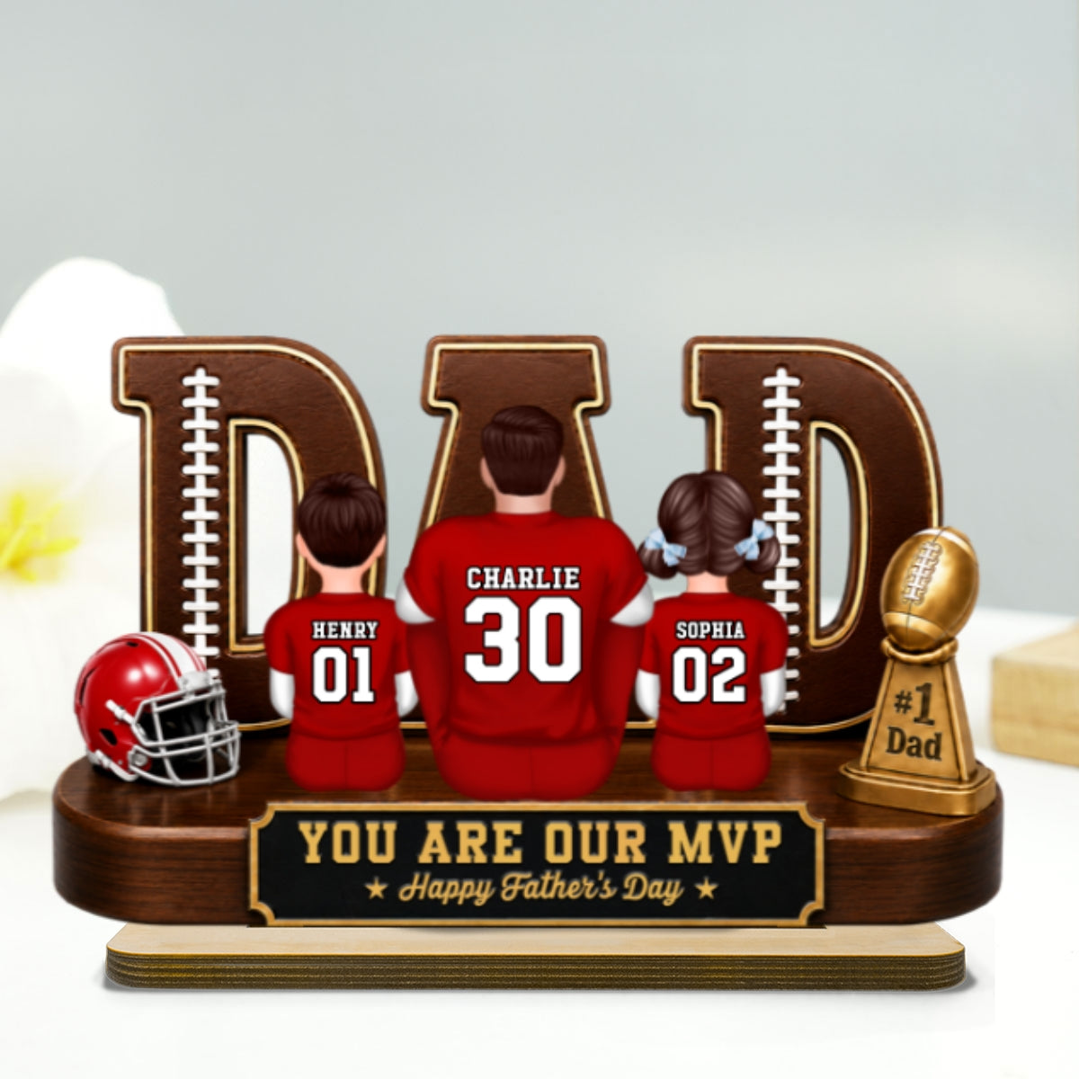 American Football Dad Legend Daddy's Dream Team - Personalized 2-Layered Wooden Plaque - Unique Trending Birthday Gift For Dad, Husband, Football Fans