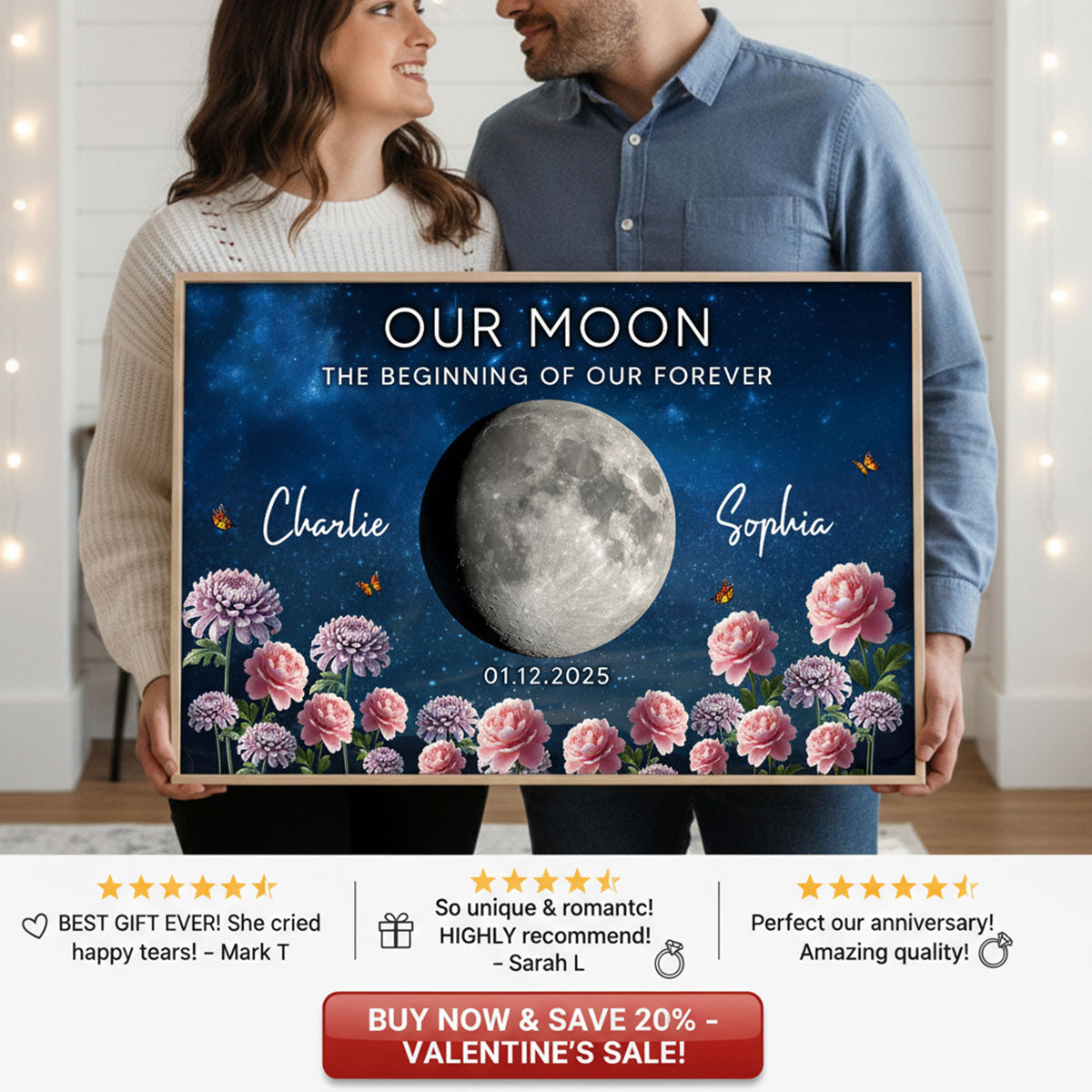 Couple Custom Moon Phase Anniversary Date Birth Month Flowers - Personalized Poster - Valentine's Day Gift For Couple
