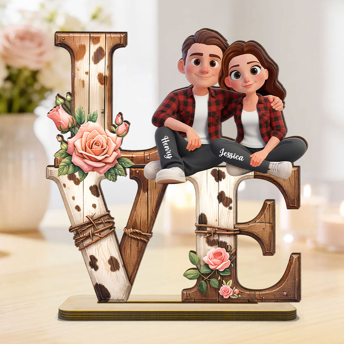 Couple Valentine Highland Cow - Personalized 2-Layered Wooden Plaque - Anniversary, Valentine's Day Gift, Gift For Him, Gift For Her
