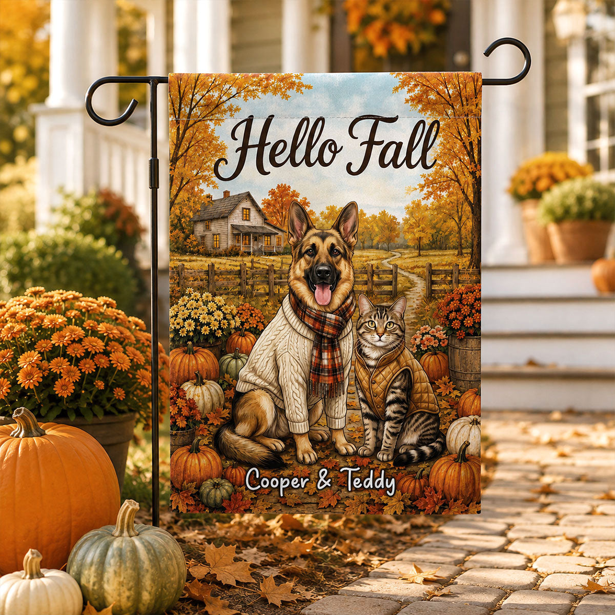 Vintage Dog Cat Hello Fall Photo Upload - Personalized Garden Flag - Fall Season Gift For Dog Mom, Cat Mom