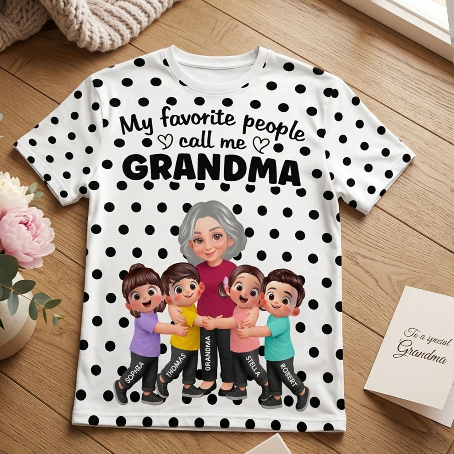 Grandma Grandkids Hugging Polka Dot Pattern - Personalized Shirt - Gift For Grandma, Mom