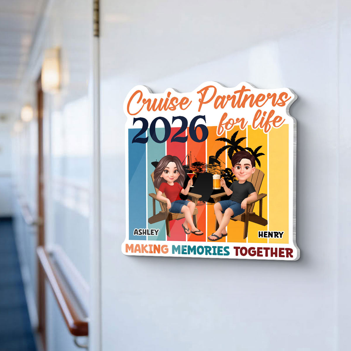 Couple Retro Cruise Partners For Life - Personalized Cruise Ship Door Magnet - Summer Cruise Ship Door Decorations