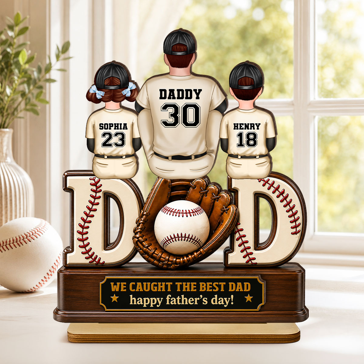 Dad And Children Baseball Gloves - Personalized 2-Layered Wooden Plaque -  Gift for Dad, Husband