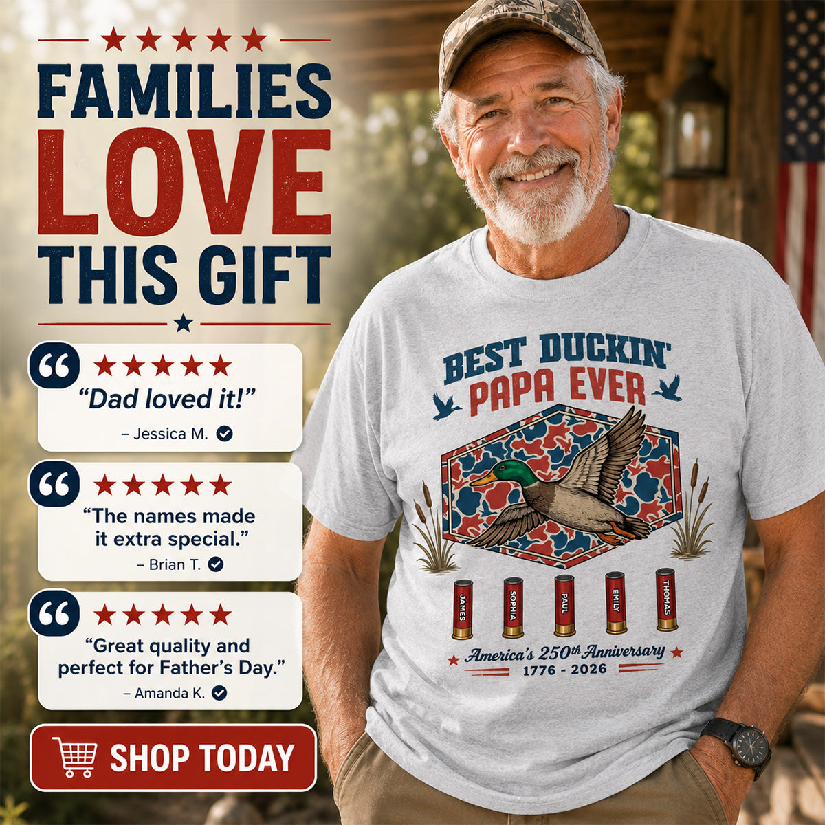 Best Duckin' Dad Grandpa Custom Kid Names - Personalized Shirt - American 250th Anniversary Gift For Patriotics Duck Hunting