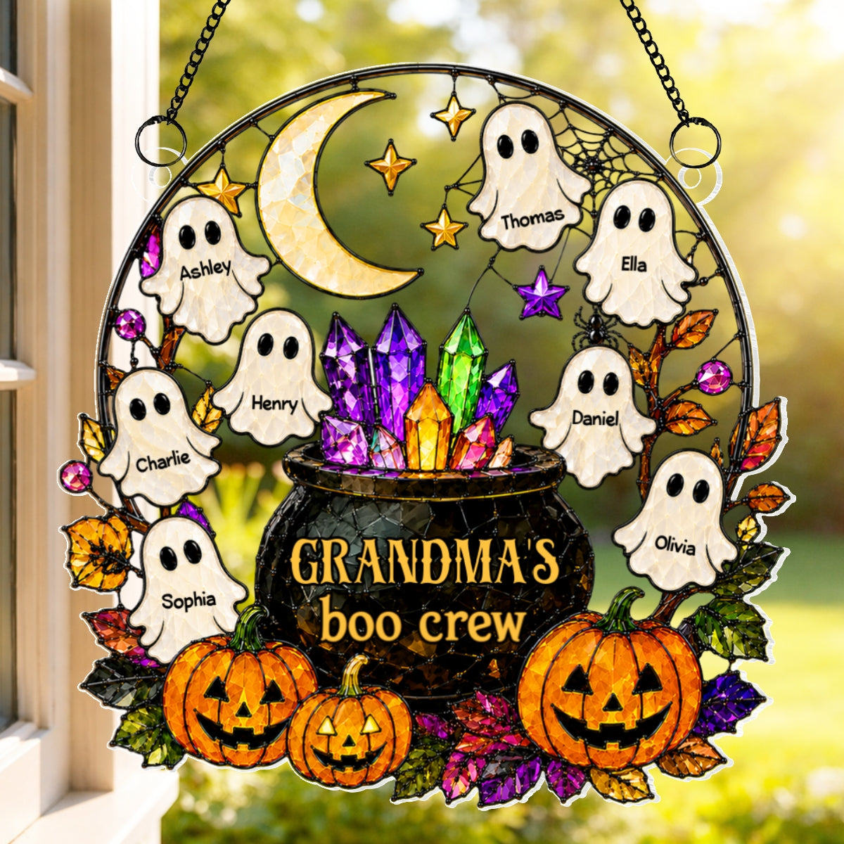 Spooky Grandma's Boo Crew Cauldron - Personalized Acrylic Window Hanging - Halloween Decoration For Grandma